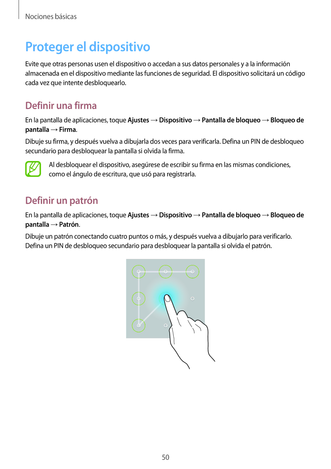 Samsung SM-P9000ZWADBT, SM-P9000ZWATPH, SM-P9000ZKATPH manual Proteger el dispositivo, Definir una firma, Definir un patrón 