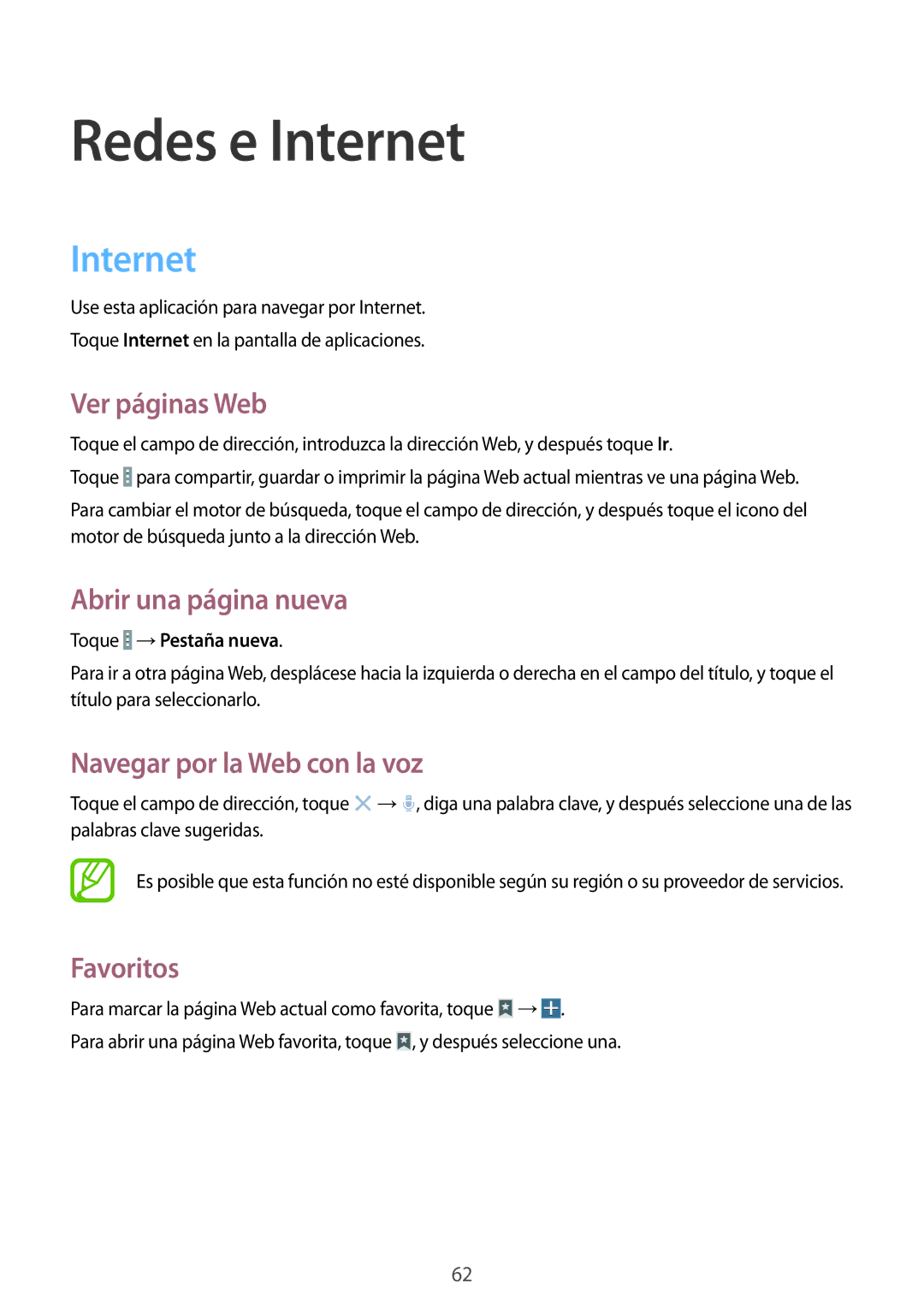 Samsung SM-P9000ZKATPH manual Internet, Ver páginas Web, Abrir una página nueva, Navegar por la Web con la voz, Favoritos 