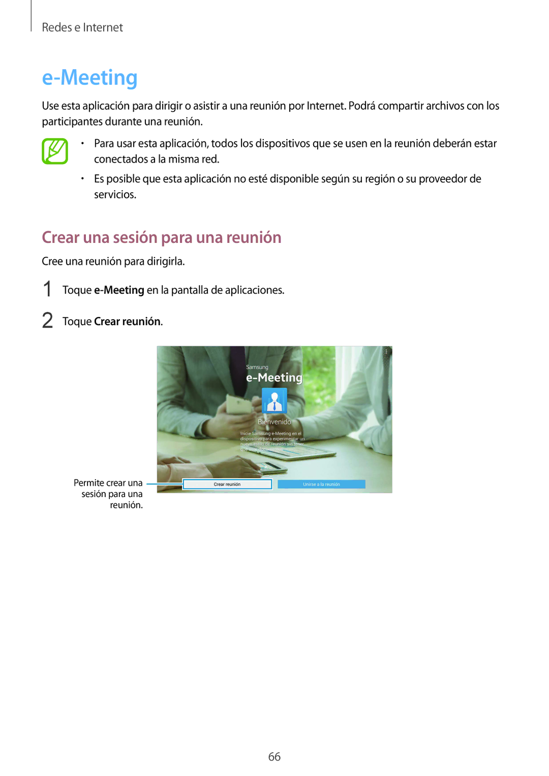 Samsung SM-P9000ZWATPH, SM-P9000ZWADBT, SM-P9000ZKATPH manual Meeting, Crear una sesión para una reunión, Toque Crear reunión 