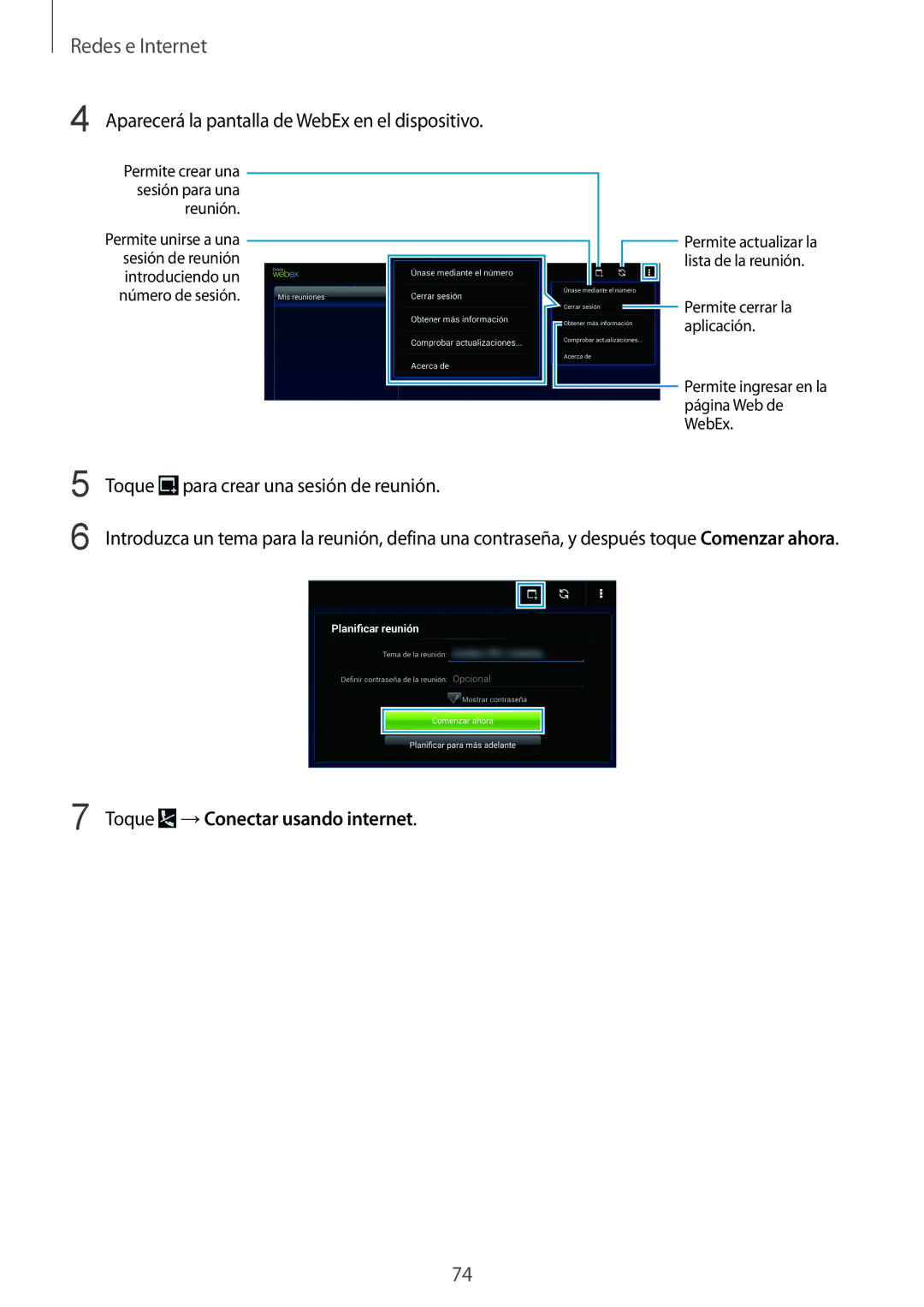 Samsung SM-P9000ZWAPHE, SM-P9000ZWADBT Aparecerá la pantalla de WebEx en el dispositivo, Toque →Conectar usando internet 