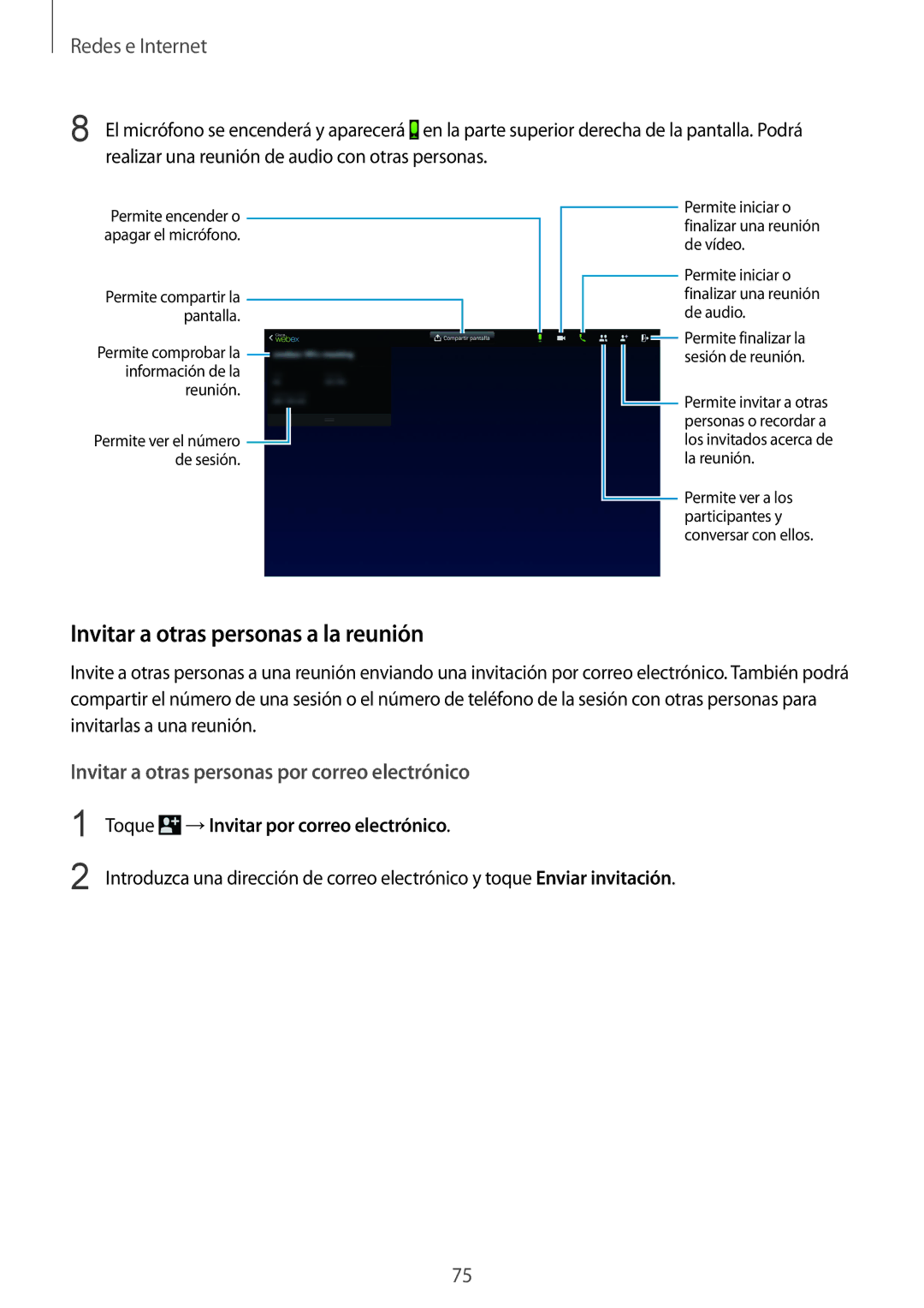 Samsung SM-P9000ZWADBT, SM-P9000ZWATPH manual Invitar a otras personas a la reunión, Toque →Invitar por correo electrónico 