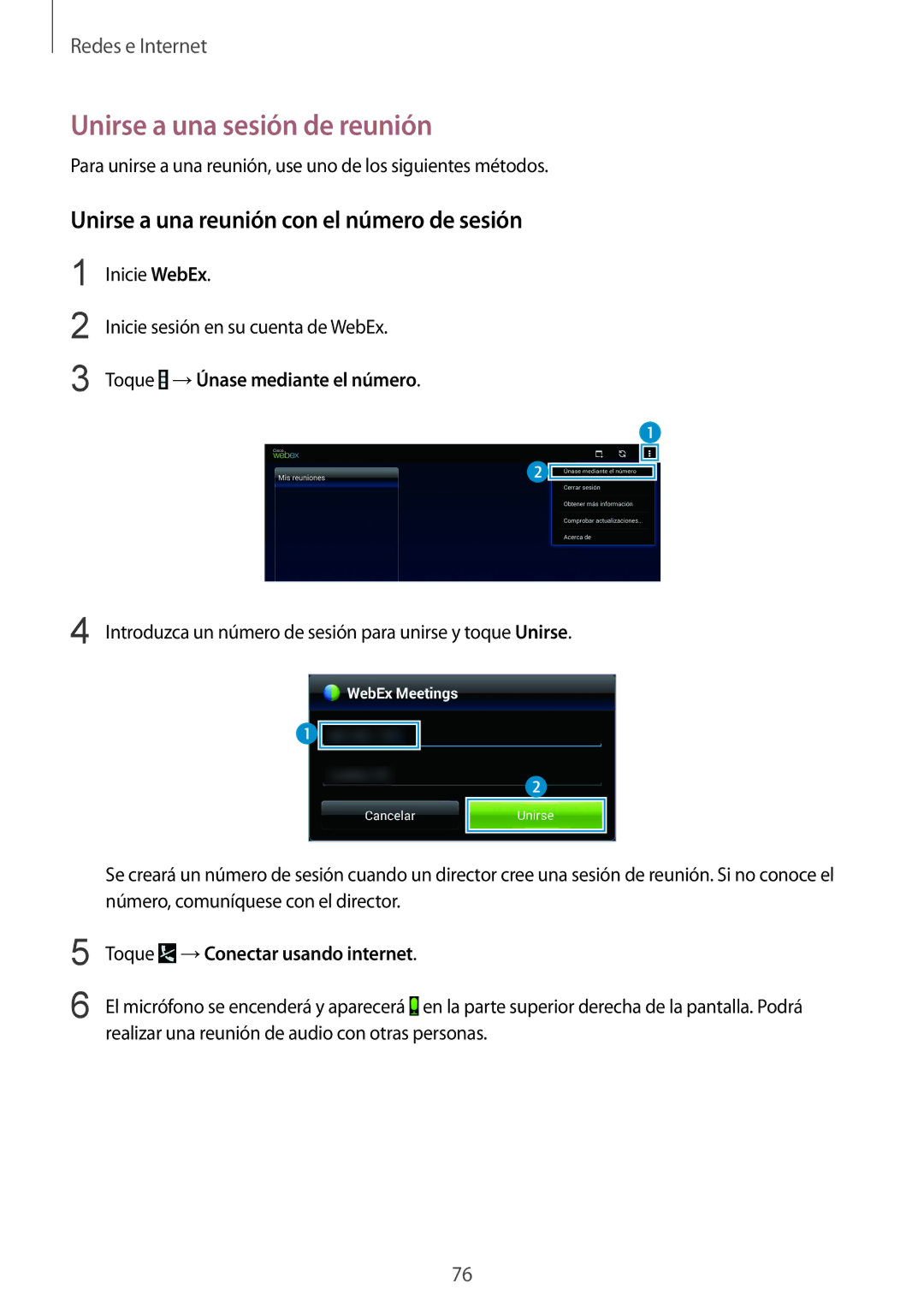 Samsung SM-P9000ZWATPH, SM-P9000ZWADBT manual Unirse a una sesión de reunión, Unirse a una reunión con el número de sesión 