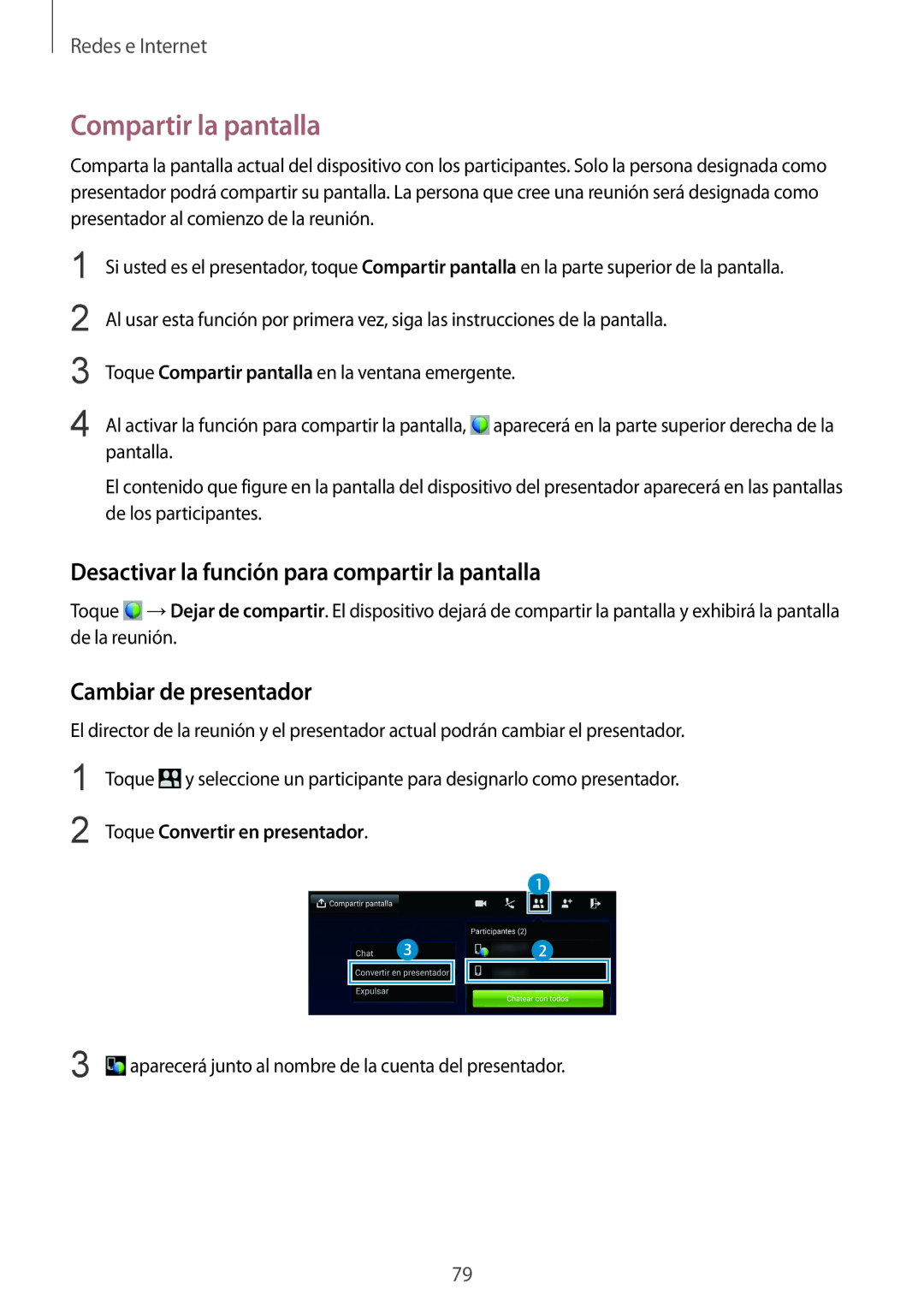 Samsung SM-P9000ZWAPHE Compartir la pantalla, Desactivar la función para compartir la pantalla, Cambiar de presentador 