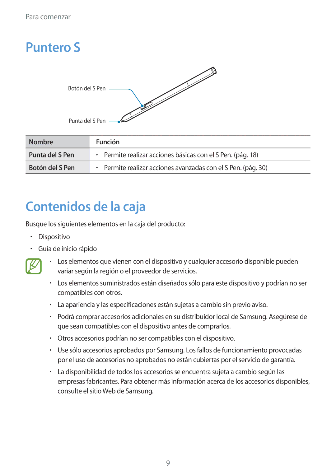 Samsung SM-P9000ZWAPHE, SM-P9000ZWADBT, SM-P9000ZWATPH, SM-P9000ZKATPH, SM-P9000ZKAPHE manual Puntero S, Contenidos de la caja 