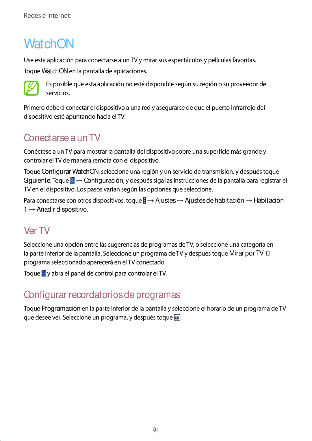 Samsung SM-P9000ZWATPH, SM-P9000ZWADBT manual WatchON, Conectarse a un TV, Ver TV, Configurar recordatorios de programas 