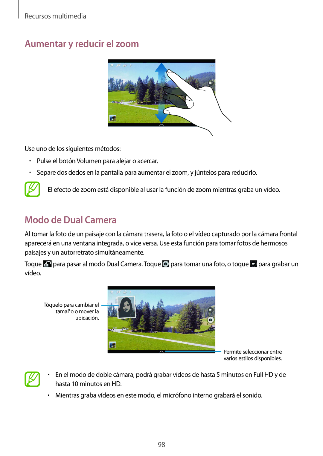 Samsung SM-P9000ZKAPHE, SM-P9000ZWADBT, SM-P9000ZWATPH, SM-P9000ZKATPH manual Aumentar y reducir el zoom, Modo de Dual Camera 