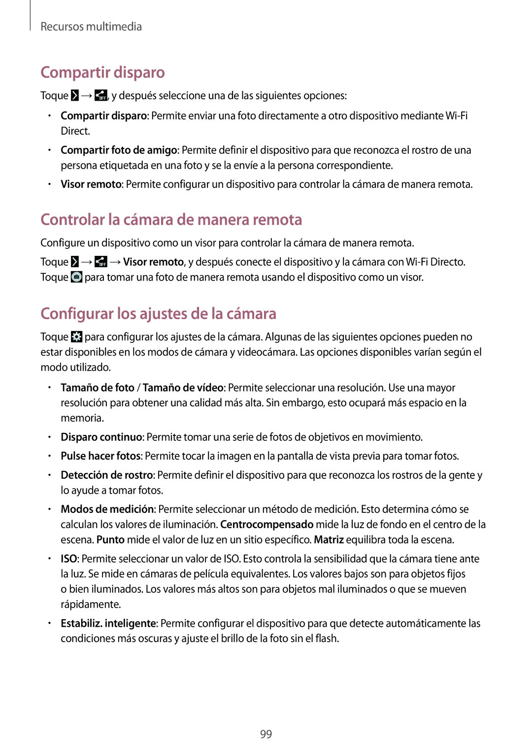 Samsung SM-P9000ZWAPHE manual Compartir disparo, Controlar la cámara de manera remota, Configurar los ajustes de la cámara 