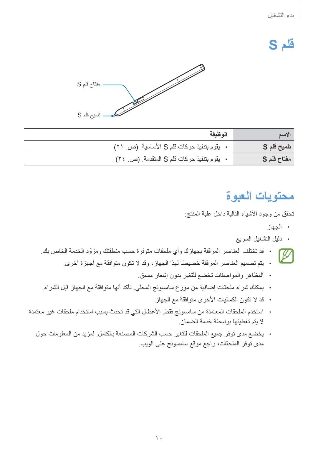 Samsung SM-P9010ZKYSAC, SM-P9010ZKACAC, SM-P9010ZKATUN manual ةوبعلا تايوتحم, ةفيظولا مسلاا, ملق حيملت, ملق حاتفم 