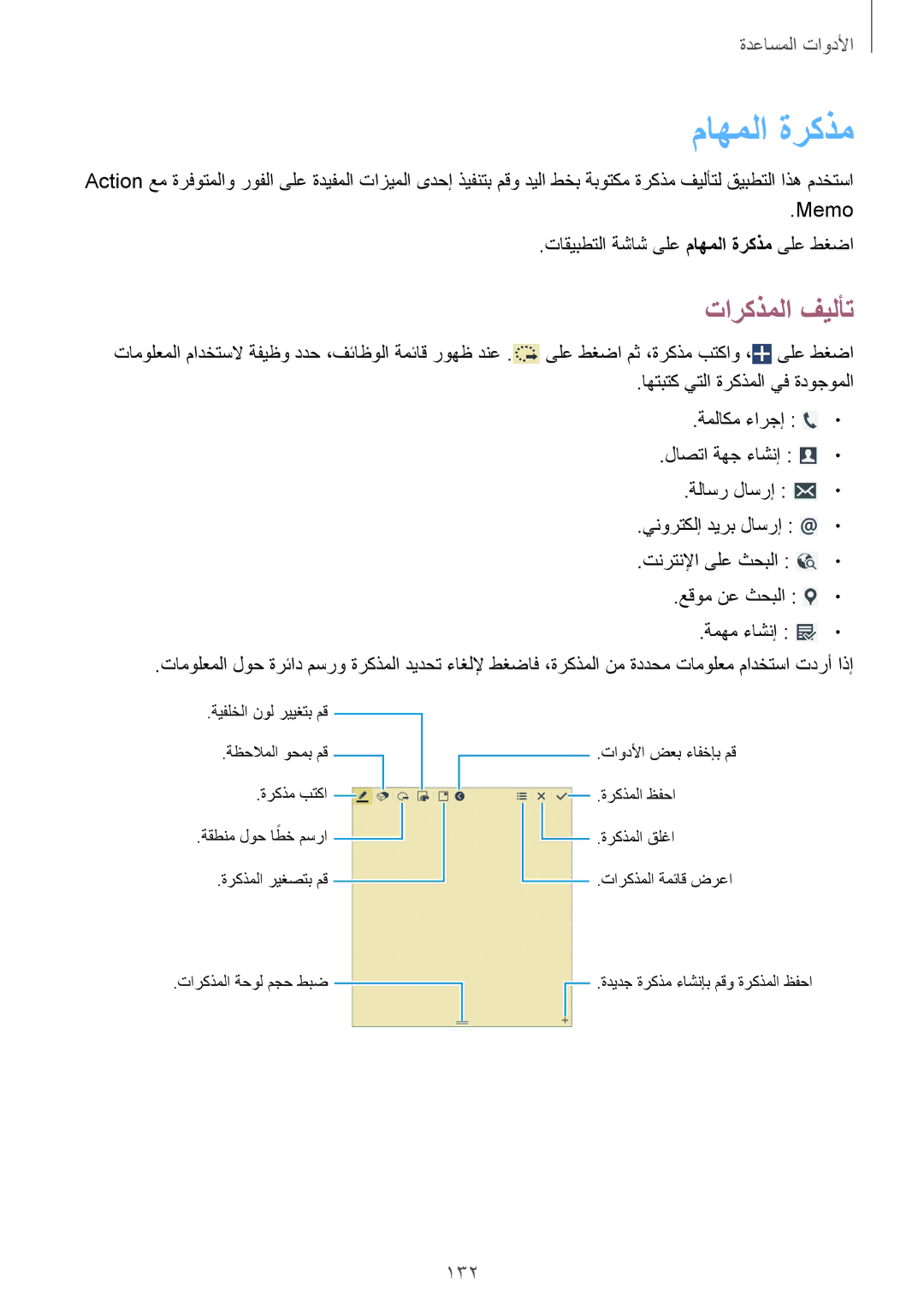 Samsung SM-P9010ZKYTMC, SM-P9010ZKACAC, SM-P9010ZKATUN, SM-P9010ZKYWTL, SM-P9010ZWAAFG manual ماهملا ةركذم, تاركذملا فيلأت, 132 