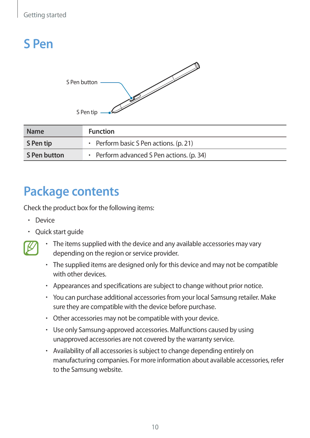 Samsung SM-P9010ZKYSAC, SM-P9010ZKACAC, SM-P9010ZKATUN, SM-P9010ZKYWTL, SM-P9010ZWAAFG, SM-P9010ZWAAFR Pen, Package contents 