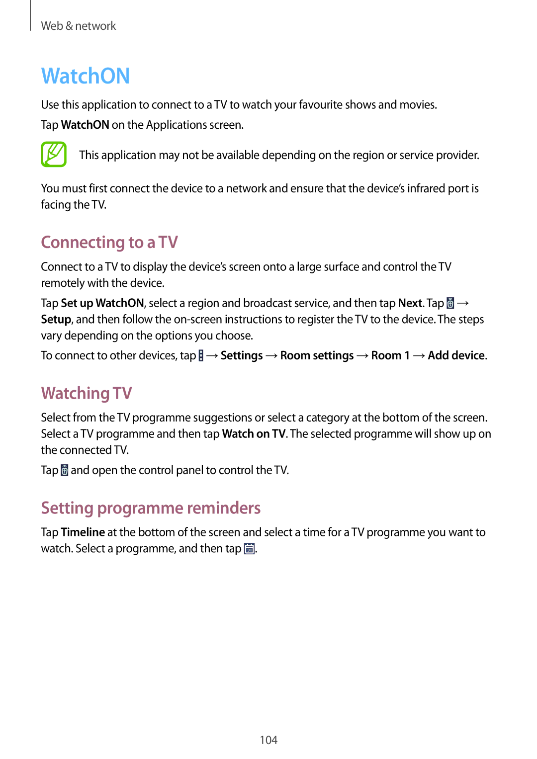 Samsung SM-P9010ZKAECT, SM-P9010ZKACAC manual WatchON, Connecting to a TV, Watching TV, Setting programme reminders 