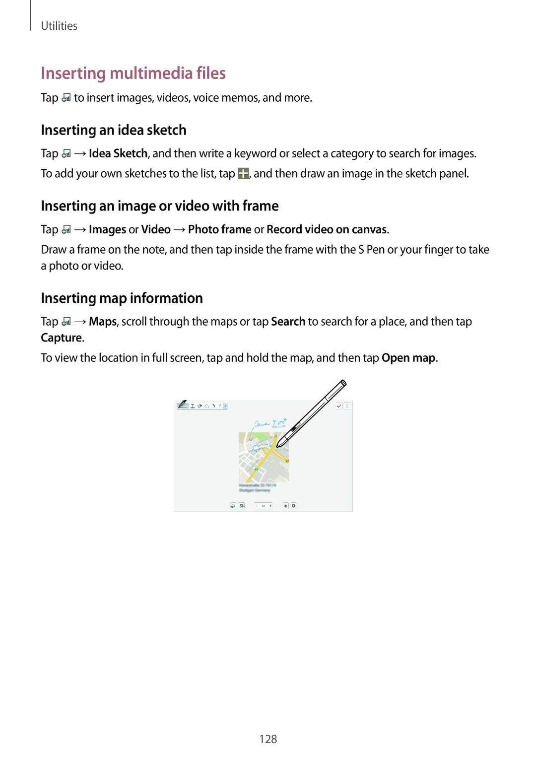 Samsung SM-P9010ZKAAFR manual Inserting multimedia files, Inserting an idea sketch, Inserting an image or video with frame 