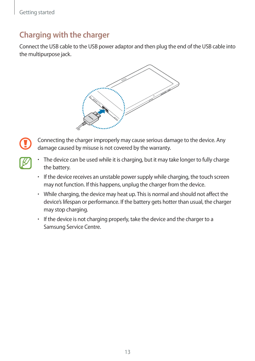 Samsung SM-P9010ZWYEGY, SM-P9010ZKACAC, SM-P9010ZKATUN, SM-P9010ZKYWTL, SM-P9010ZWAAFG manual Charging with the charger 