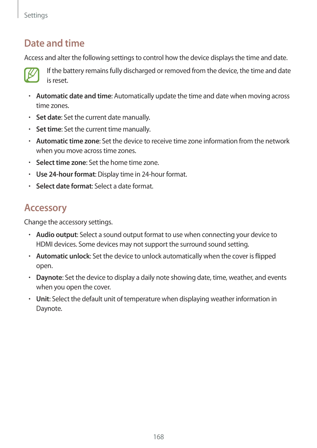Samsung SM-P9010ZKACAC, SM-P9010ZKATUN, SM-P9010ZKYWTL manual Date and time, Accessory, Change the accessory settings 