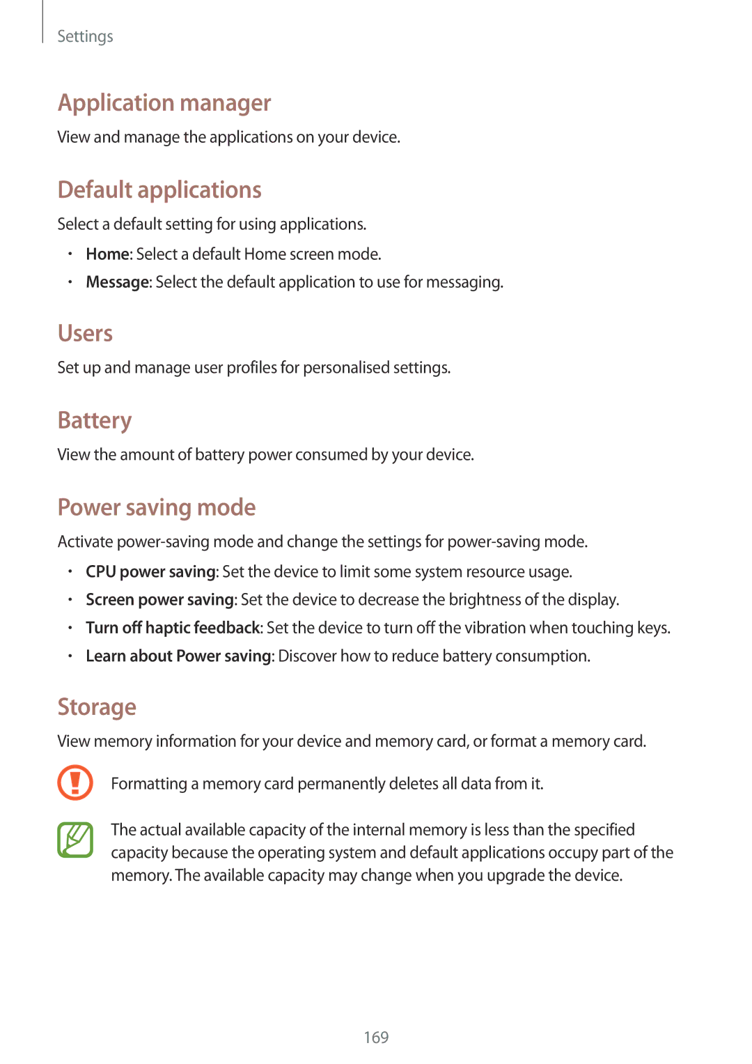 Samsung SM-P9010ZKATUN manual Application manager, Default applications, Users, Battery, Power saving mode, Storage 