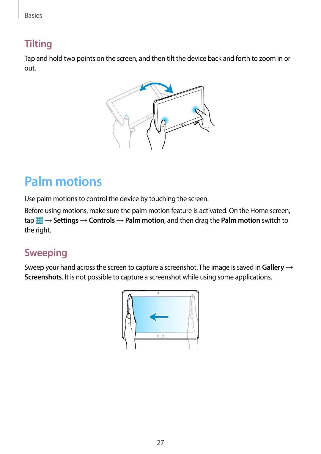 Samsung SM-P9010ZKASER, SM-P9010ZKACAC, SM-P9010ZKATUN, SM-P9010ZKYWTL, SM-P9010ZWAAFG manual Palm motions, Tilting, Sweeping 