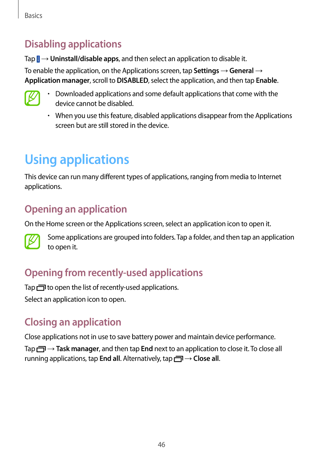 Samsung SM-P9010ZKAKSA manual Using applications, Disabling applications, Opening an application, Closing an application 