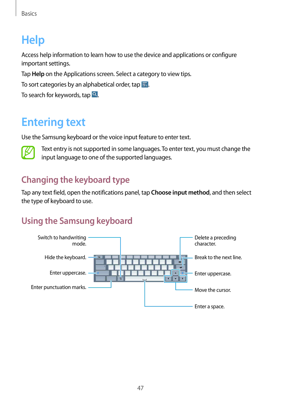 Samsung SM-P9010ZKYEGY, SM-P9010ZKACAC manual Help, Entering text, Changing the keyboard type, To search for keywords, tap 