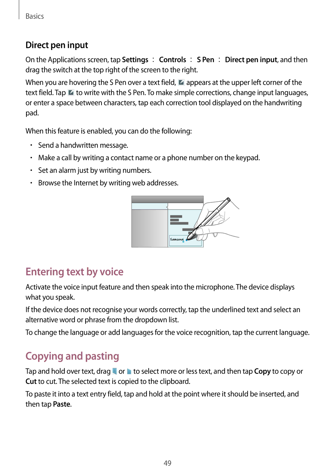 Samsung SM-P9010ZWAKSA, SM-P9010ZKACAC, SM-P9010ZKATUN manual Entering text by voice, Copying and pasting, Direct pen input 