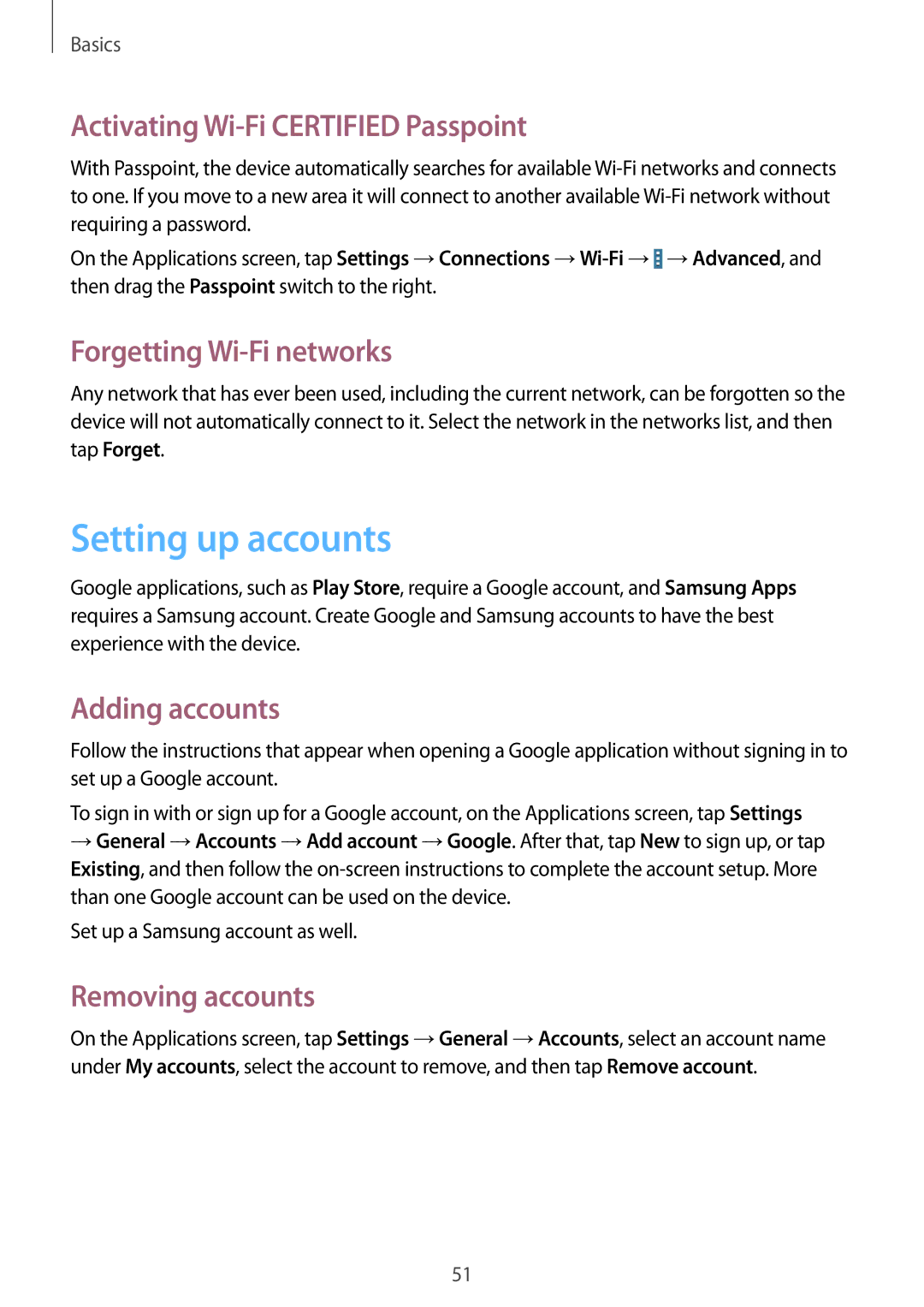 Samsung SM-P9010ZWYTMC manual Setting up accounts, Activating Wi-Fi Certified Passpoint, Forgetting Wi-Fi networks 