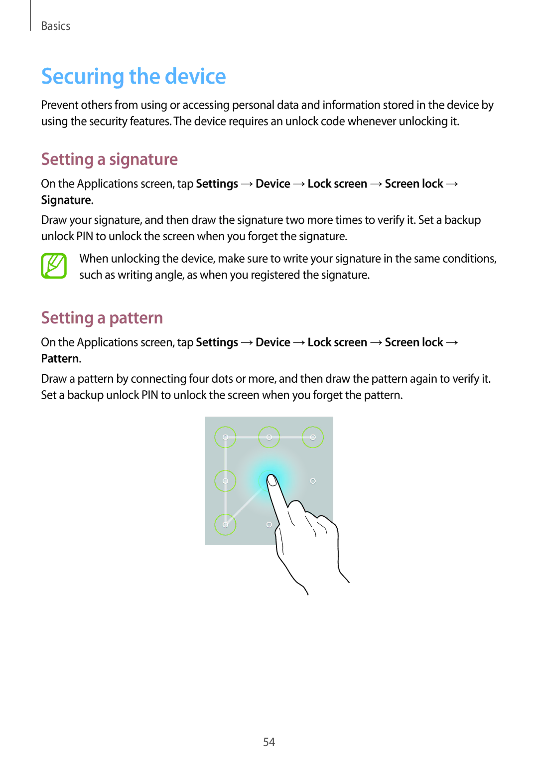 Samsung SM-P9010ZKAXXV, SM-P9010ZKACAC, SM-P9010ZKATUN manual Securing the device, Setting a signature, Setting a pattern 