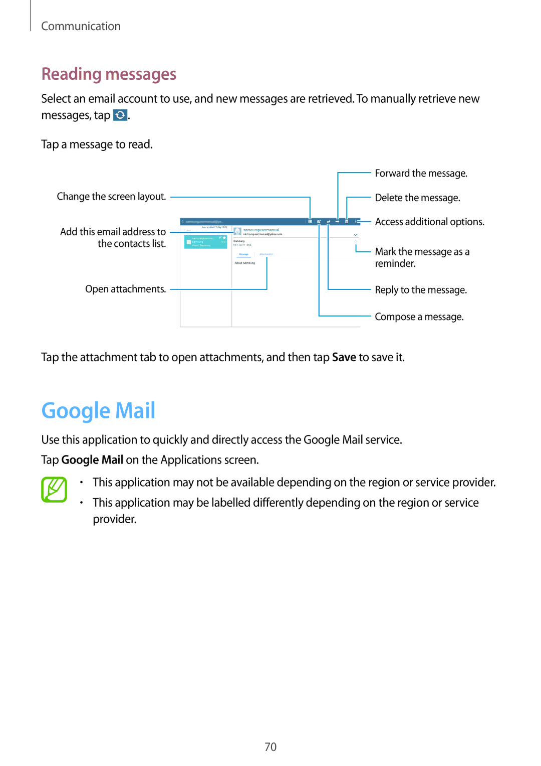 Samsung SM-P9010ZWYSAC, SM-P9010ZKACAC, SM-P9010ZKATUN, SM-P9010ZKYWTL, SM-P9010ZWAAFG manual Google Mail, Reading messages 