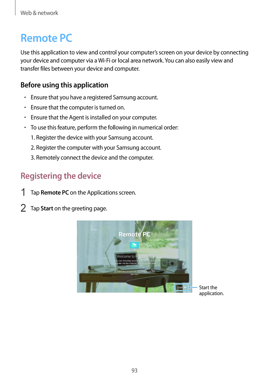 Samsung SM-P9010ZKYKEN, SM-P9010ZKACAC, SM-P9010ZKATUN manual Remote PC, Registering the device, Tap Start on the greeting 