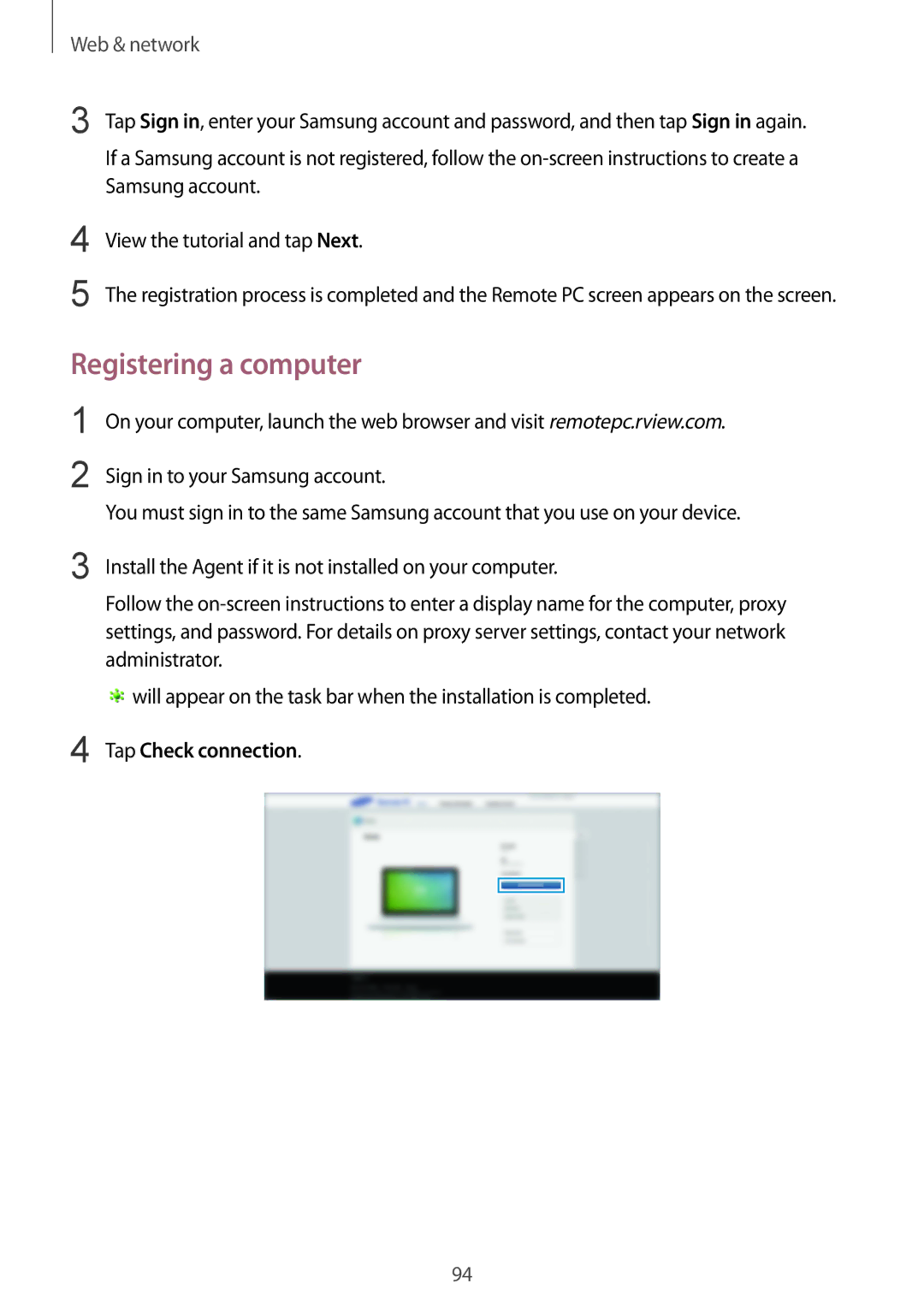 Samsung SM-P9010ZKYSAC, SM-P9010ZKACAC, SM-P9010ZKATUN, SM-P9010ZKYWTL manual Registering a computer, Tap Check connection 