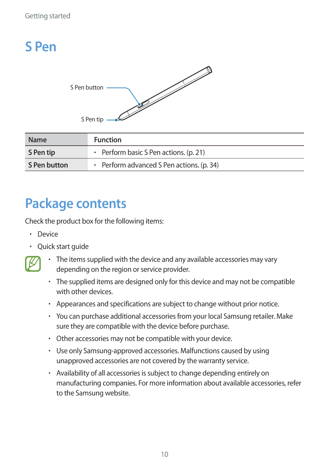 Samsung SM-P9010ZKASER manual Pen, Package contents 