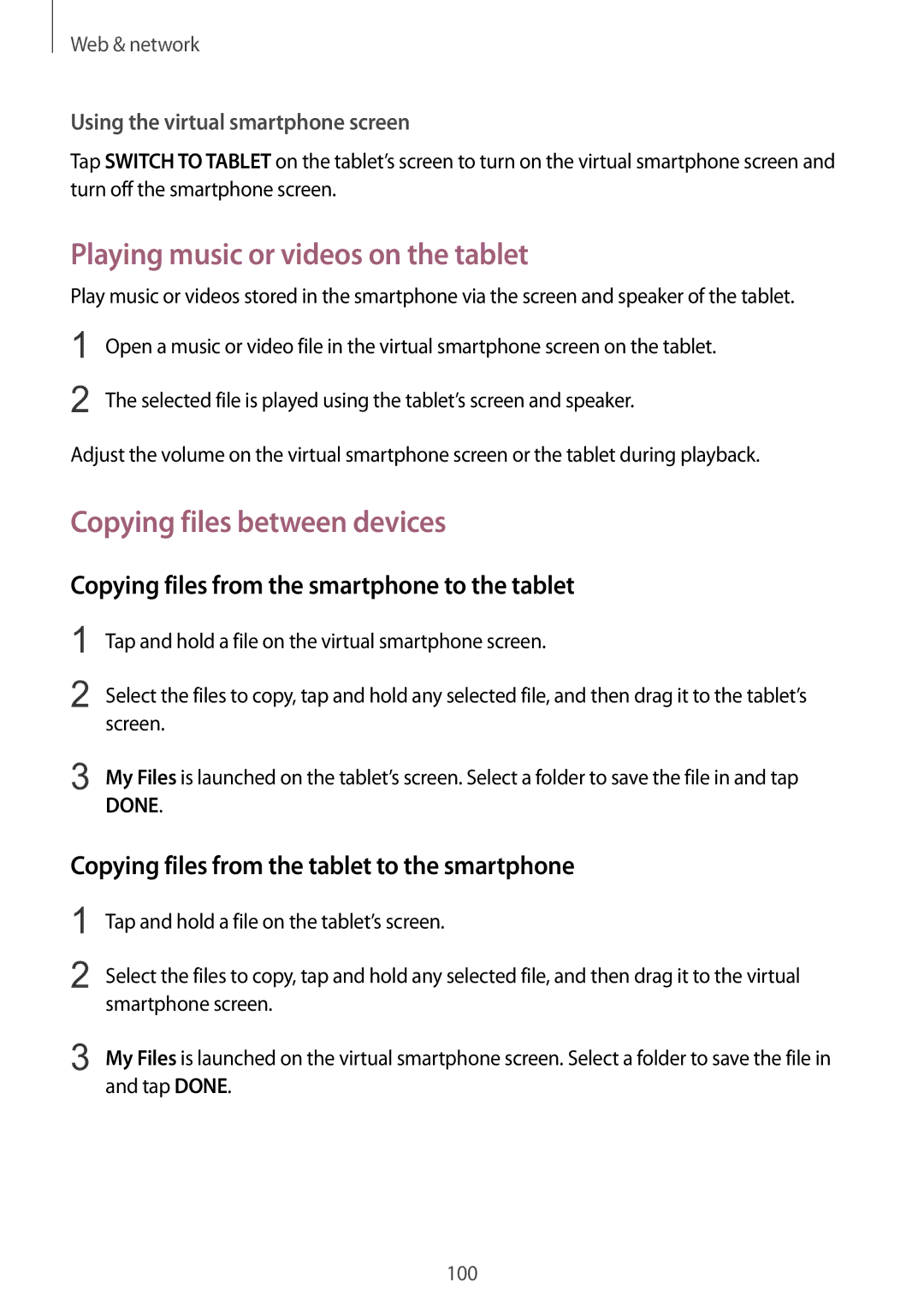 Samsung SM-P9010ZKASER manual Playing music or videos on the tablet, Copying files between devices 