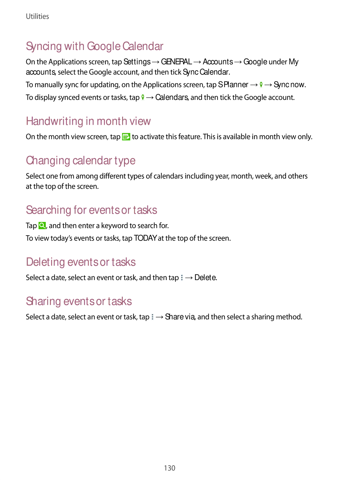 Samsung SM-P9010ZKASER manual Syncing with Google Calendar, Handwriting in month view, Changing calendar type 