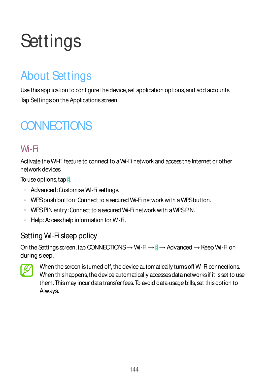 Samsung SM-P9010ZKASER manual About Settings, Setting Wi-Fi sleep policy 