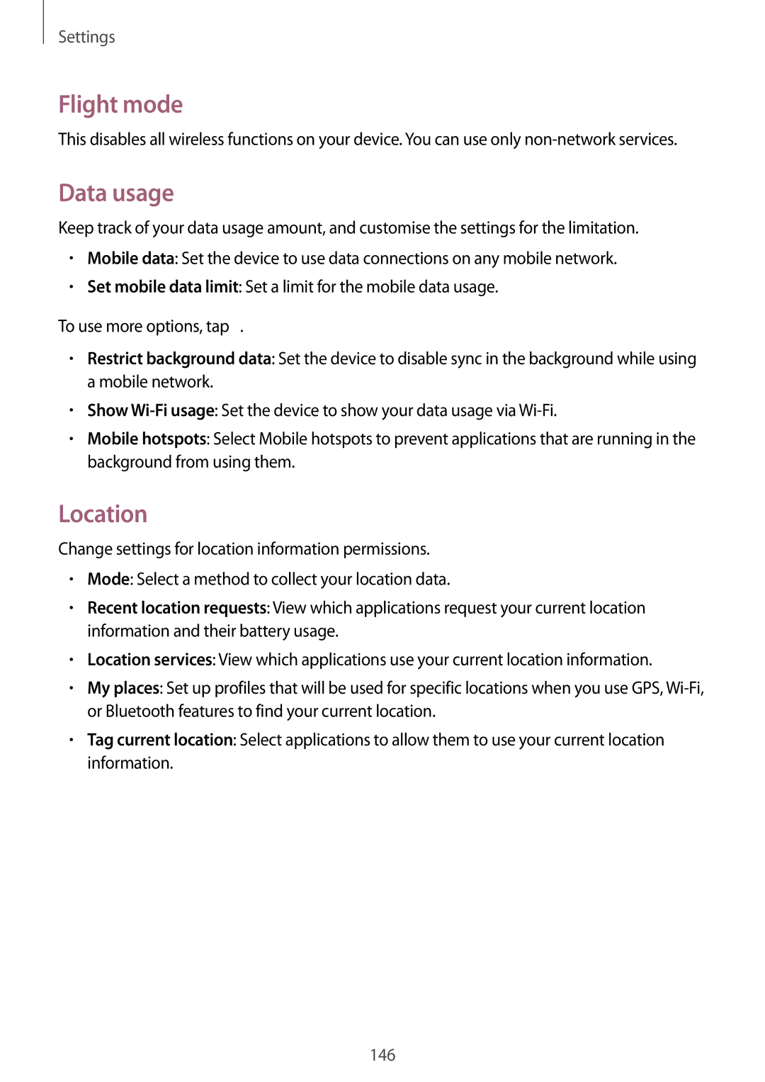 Samsung SM-P9010ZKASER manual Flight mode, Data usage, Location 