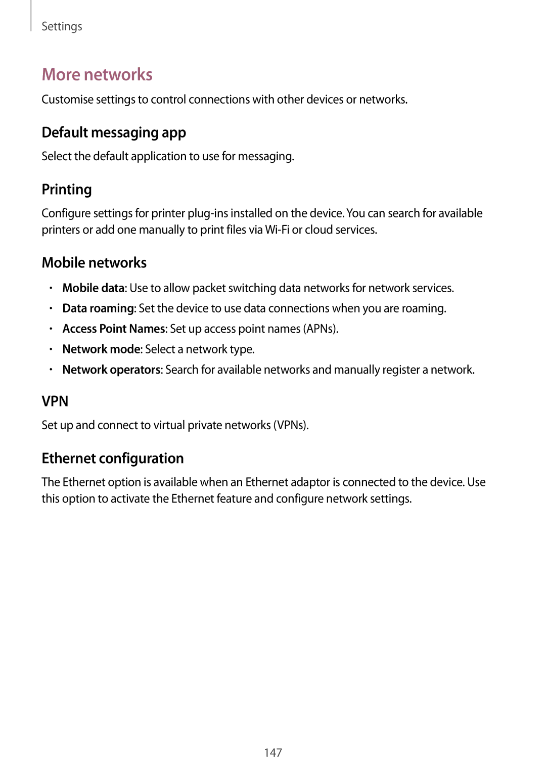 Samsung SM-P9010ZKASER manual More networks, Default messaging app, Printing, Mobile networks, Ethernet configuration 