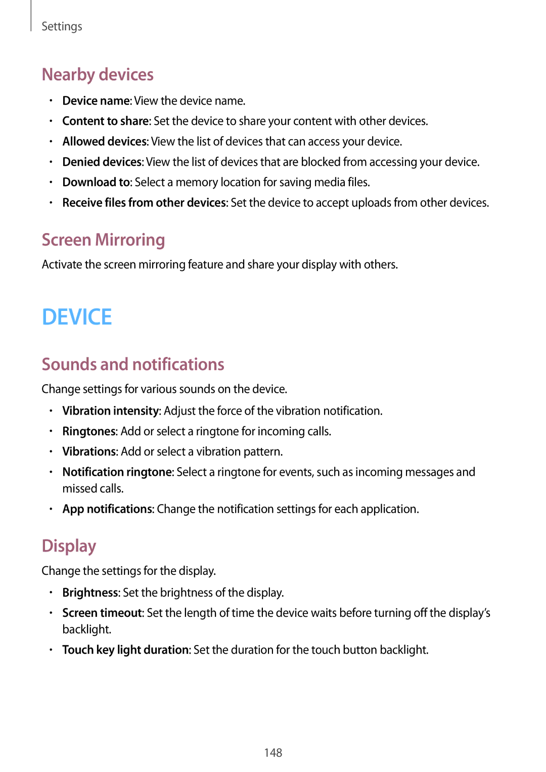 Samsung SM-P9010ZKASER manual Nearby devices, Screen Mirroring, Sounds and notifications, Display 