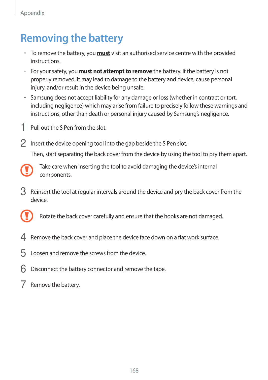 Samsung SM-P9010ZKASER manual Removing the battery, 168 