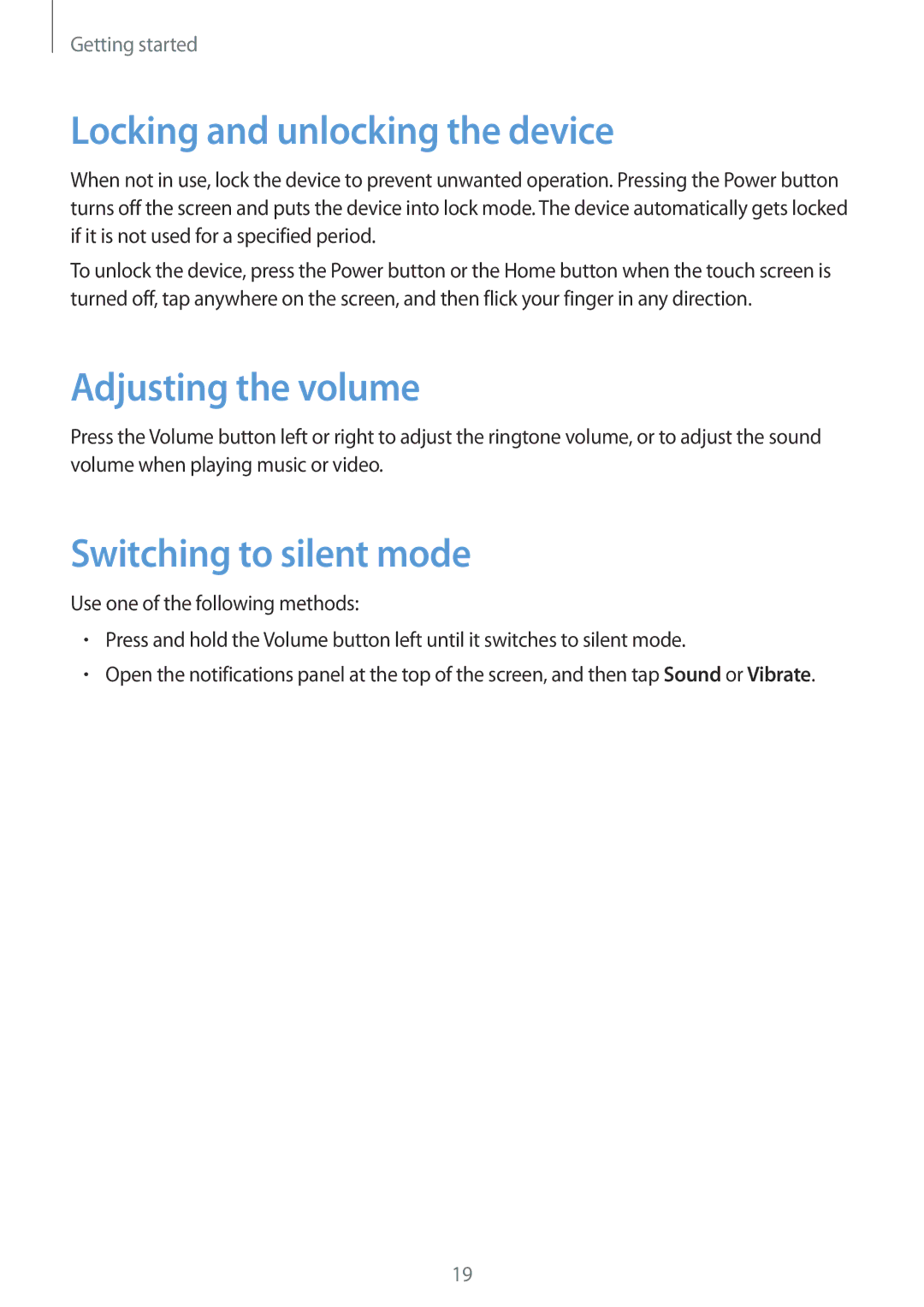 Samsung SM-P9010ZKASER manual Locking and unlocking the device, Adjusting the volume, Switching to silent mode 