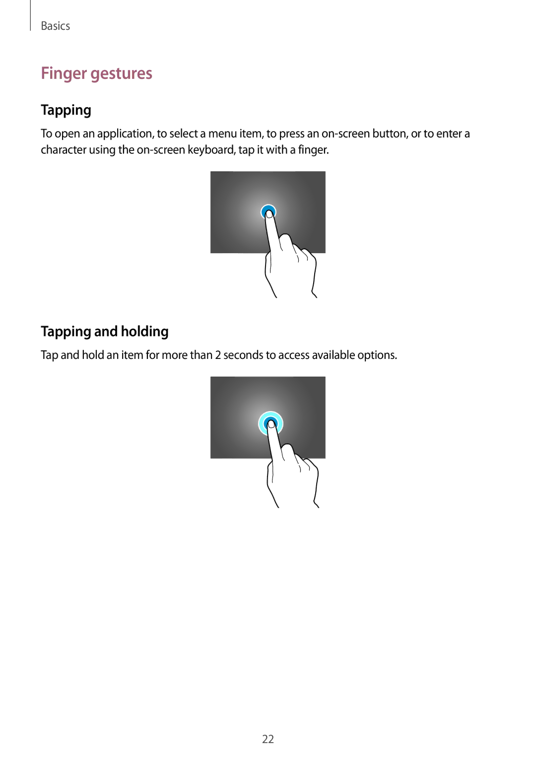 Samsung SM-P9010ZKASER manual Finger gestures, Tapping and holding 