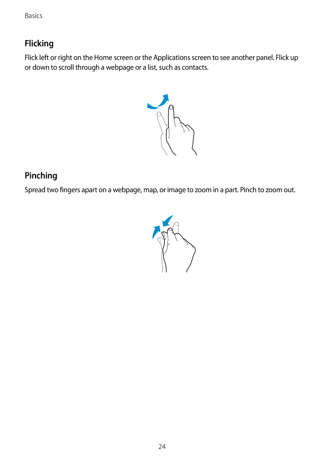 Samsung SM-P9010ZKASER manual Flicking, Pinching 