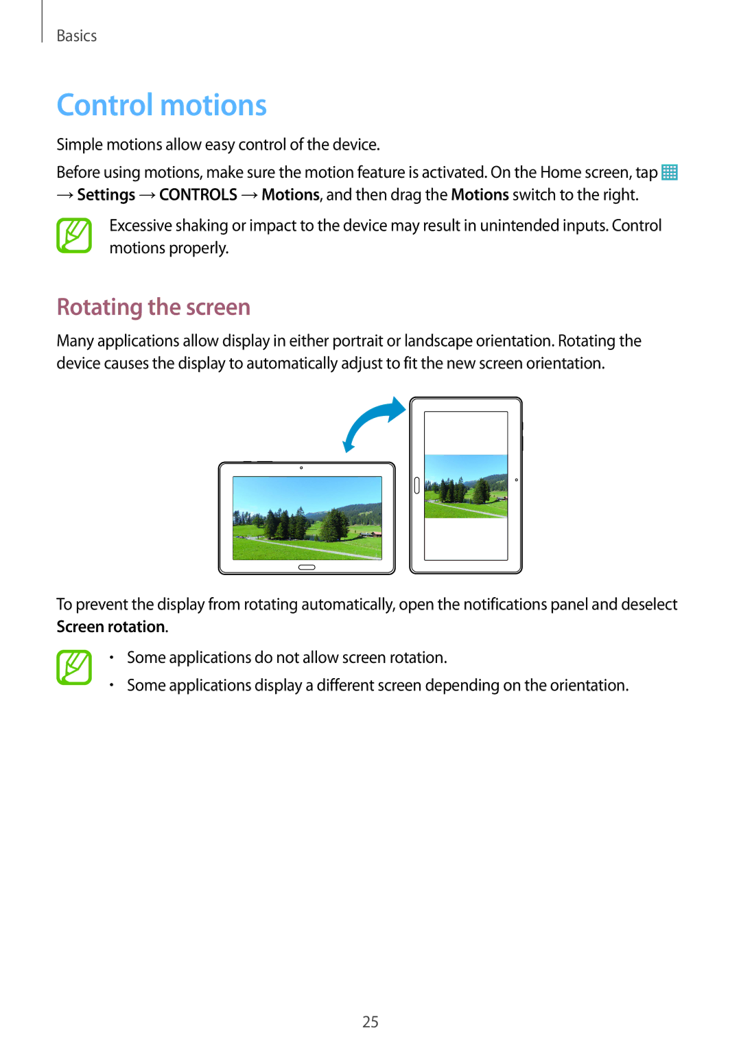 Samsung SM-P9010ZKASER manual Control motions, Rotating the screen 