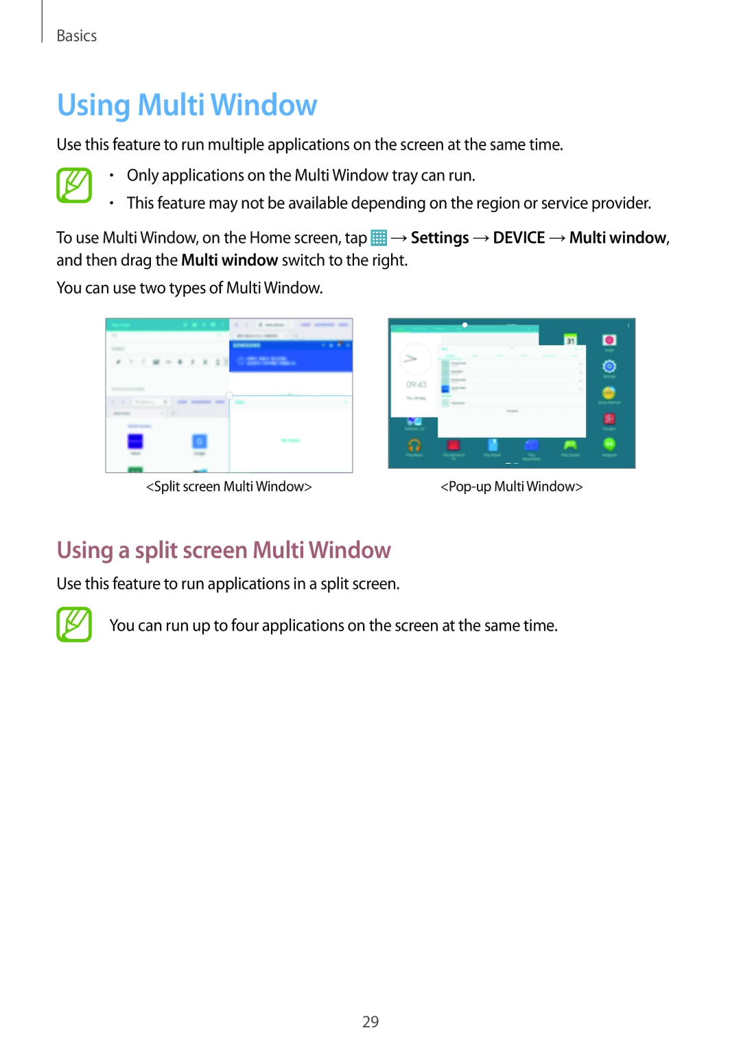 Samsung SM-P9010ZKASER manual Using Multi Window, Using a split screen Multi Window 