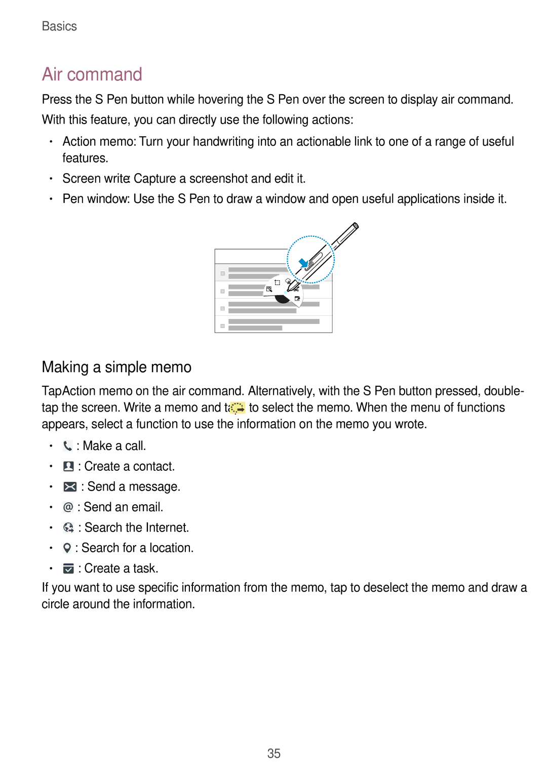 Samsung SM-P9010ZKASER manual Air command, Making a simple memo 