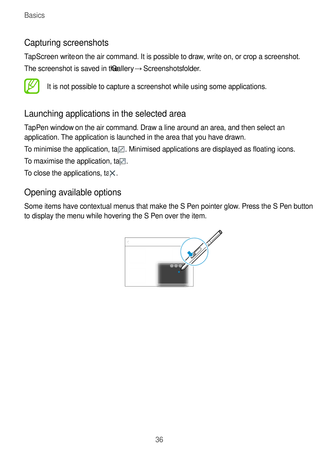 Samsung SM-P9010ZKASER manual Capturing screenshots, Launching applications in the selected area, Opening available options 