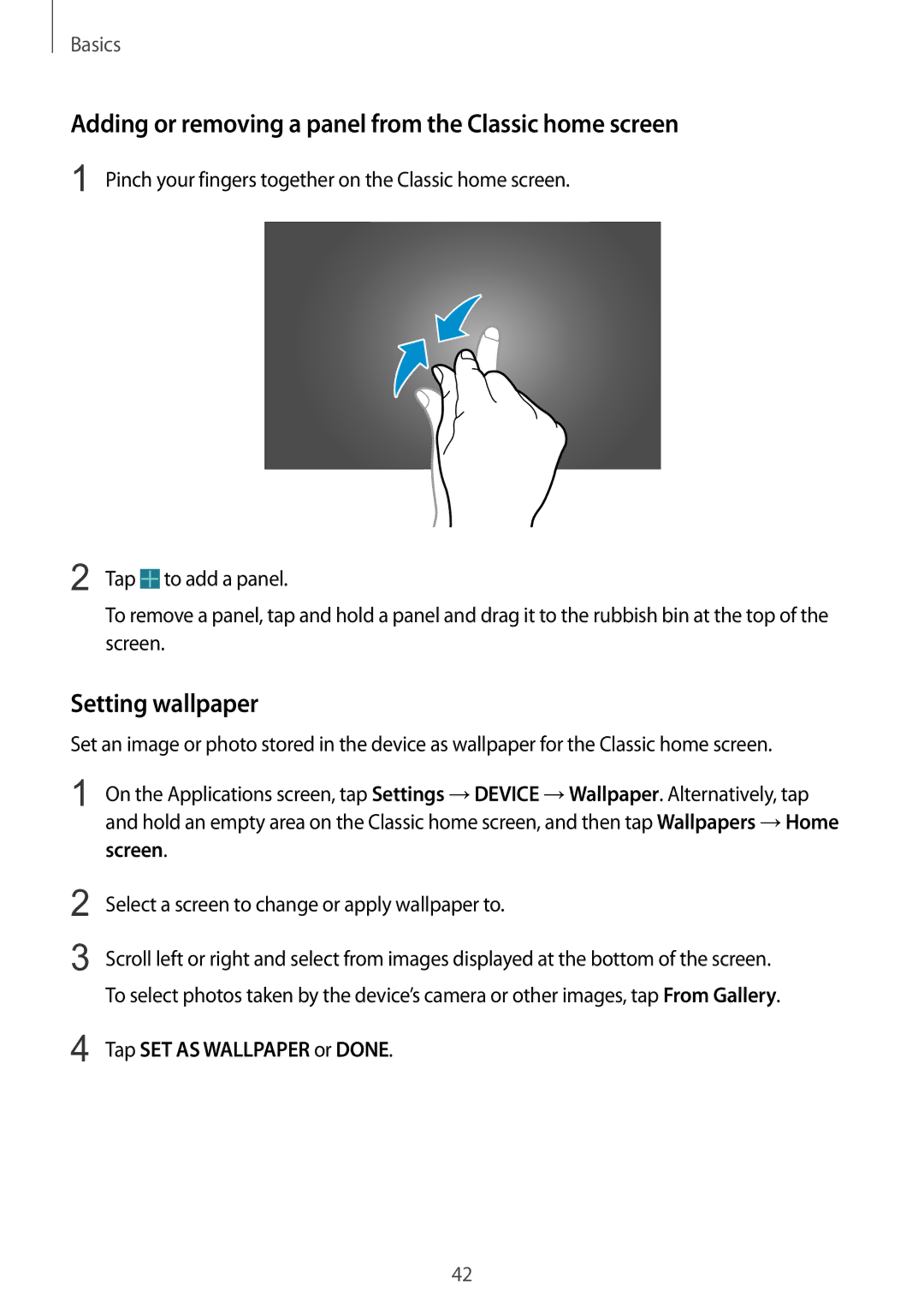 Samsung SM-P9010ZKASER manual Adding or removing a panel from the Classic home screen, Setting wallpaper 