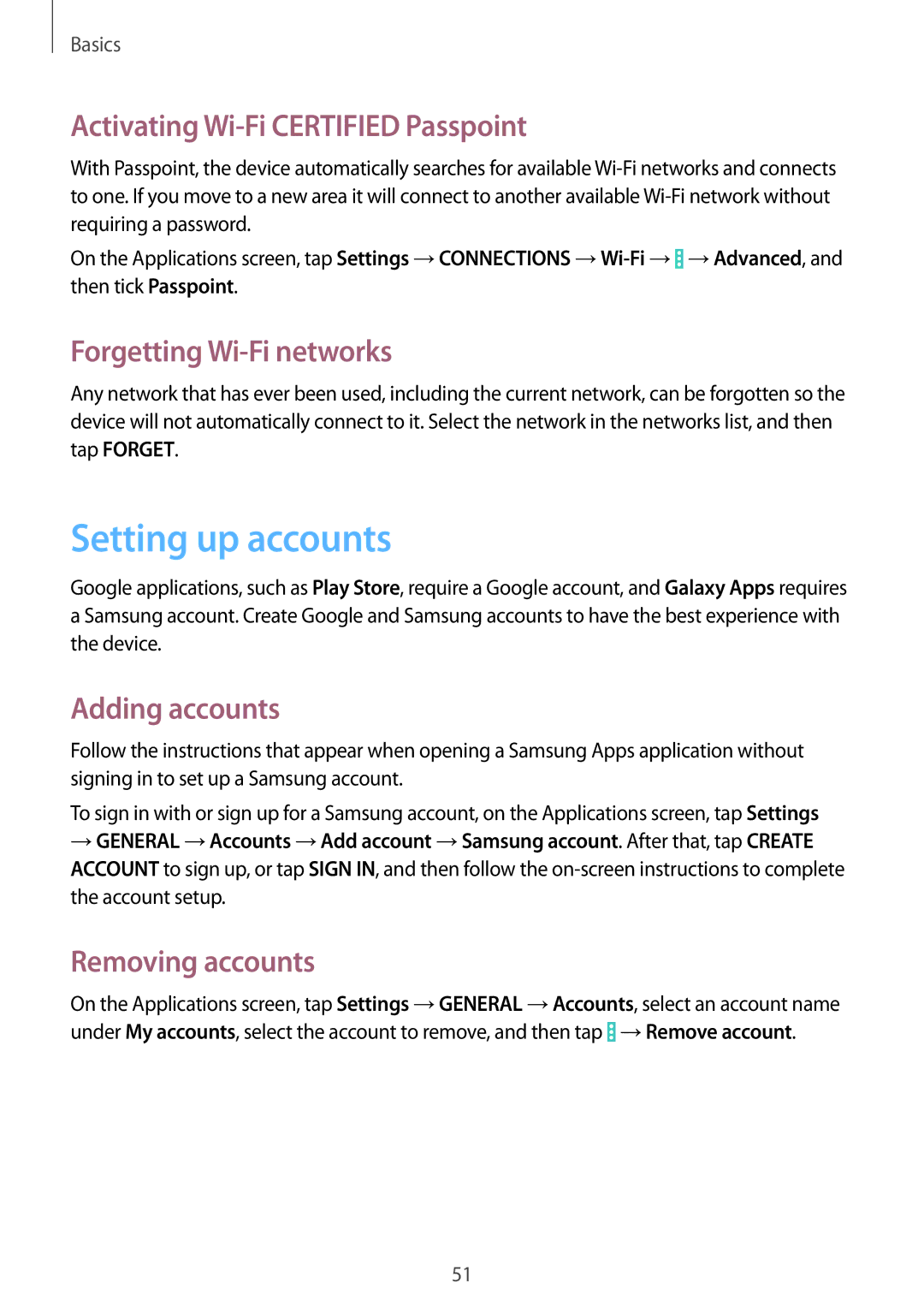 Samsung SM-P9010ZKASER manual Setting up accounts, Activating Wi-Fi Certified Passpoint, Forgetting Wi-Fi networks 