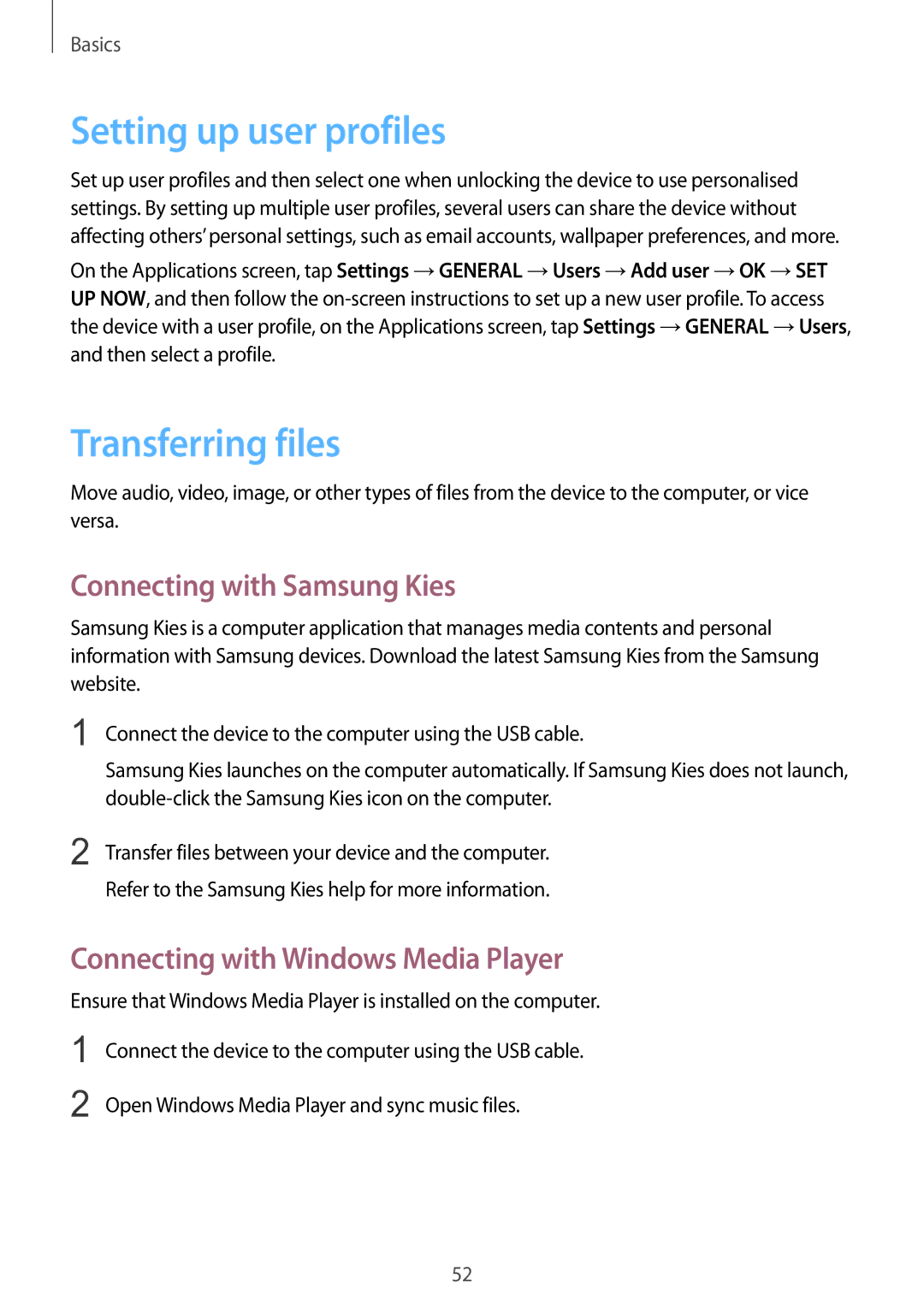 Samsung SM-P9010ZKASER manual Setting up user profiles, Transferring files, Connecting with Samsung Kies 