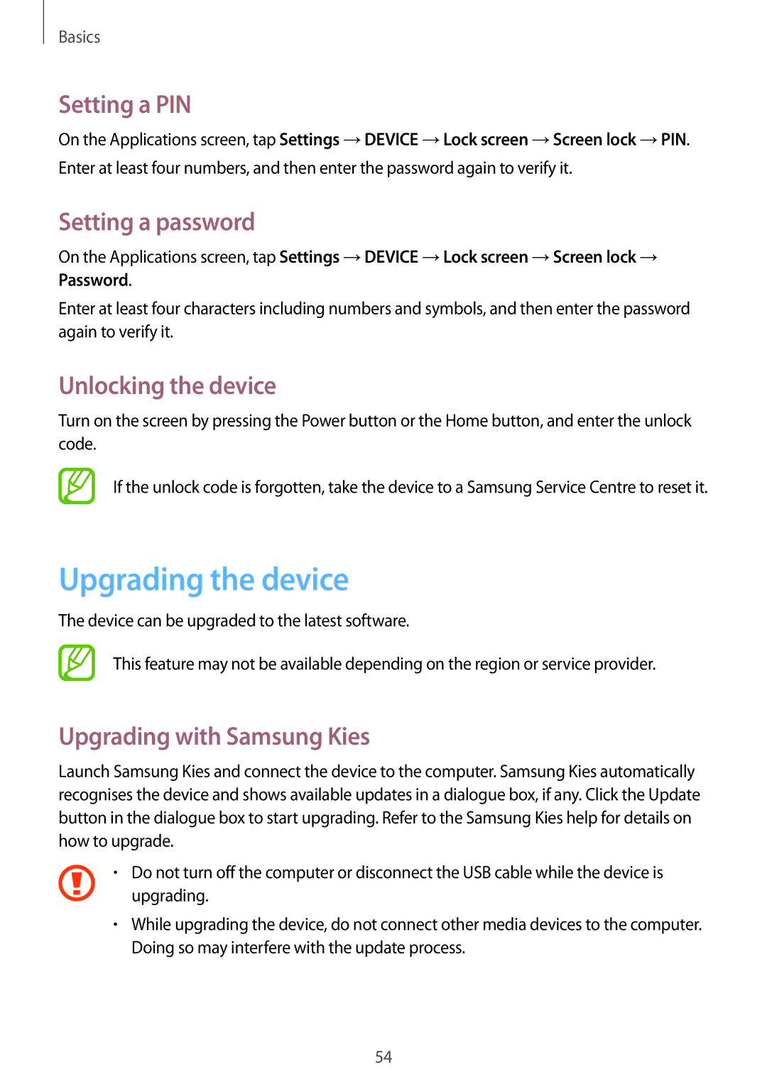 Samsung SM-P9010ZKASER manual Upgrading the device, Setting a PIN, Setting a password, Unlocking the device 