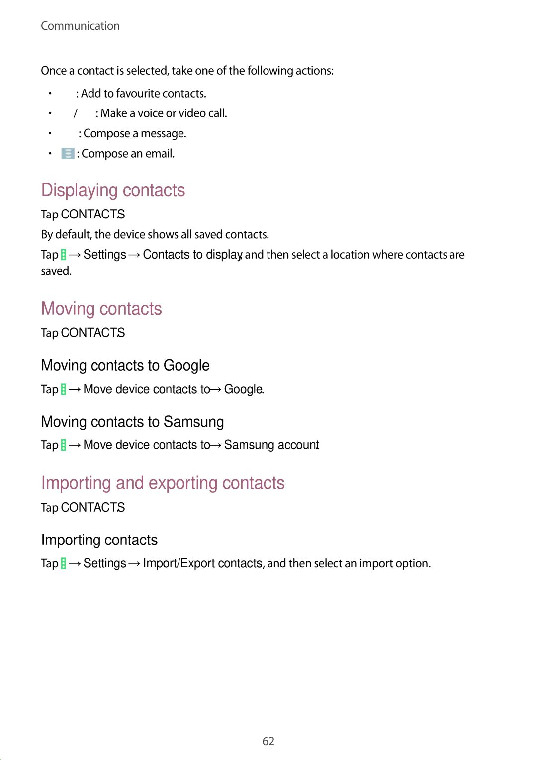 Samsung SM-P9010ZKASER manual Displaying contacts, Moving contacts, Importing and exporting contacts 