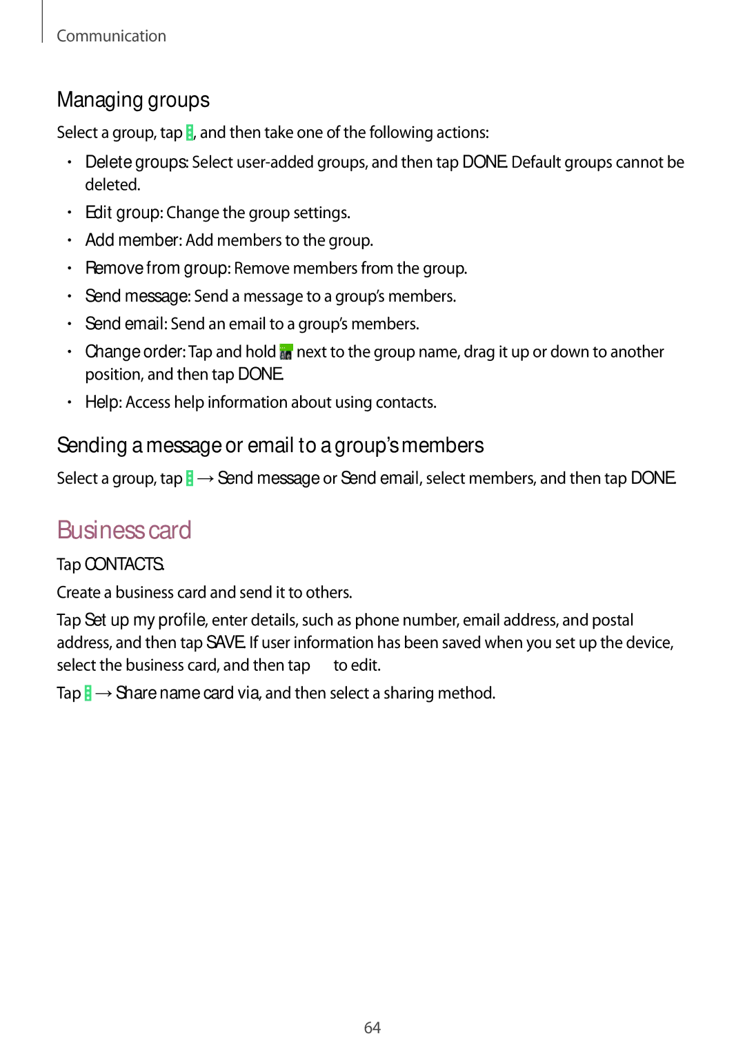 Samsung SM-P9010ZKASER manual Business card, Managing groups, Sending a message or email to a group’s members 