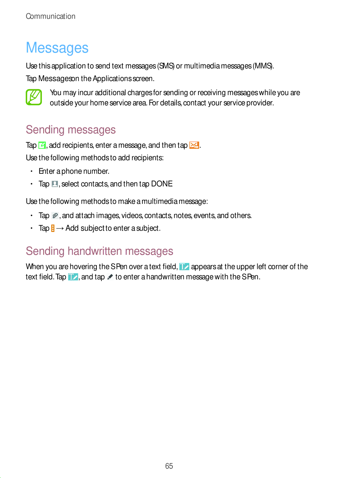 Samsung SM-P9010ZKASER manual Messages, Sending messages, Sending handwritten messages 